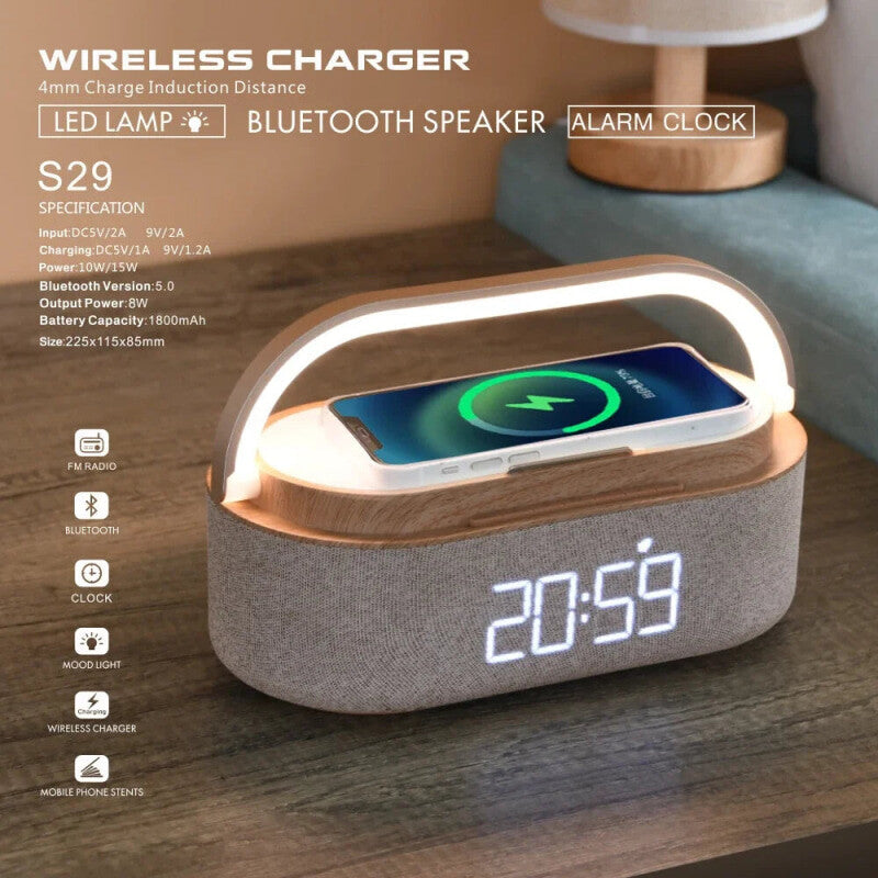 New Digital Wireless Charger FM Bluetooth Alarm Clock