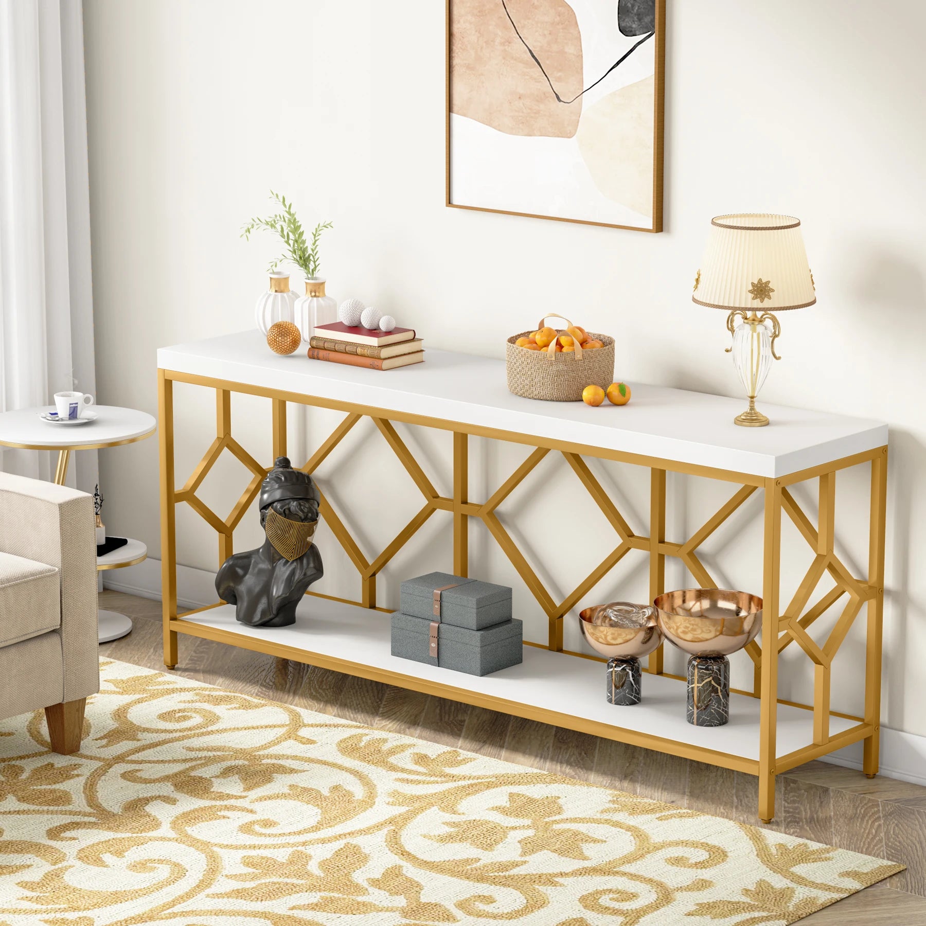 2 Tier Console Storage Open Shelves Behind Couch Table