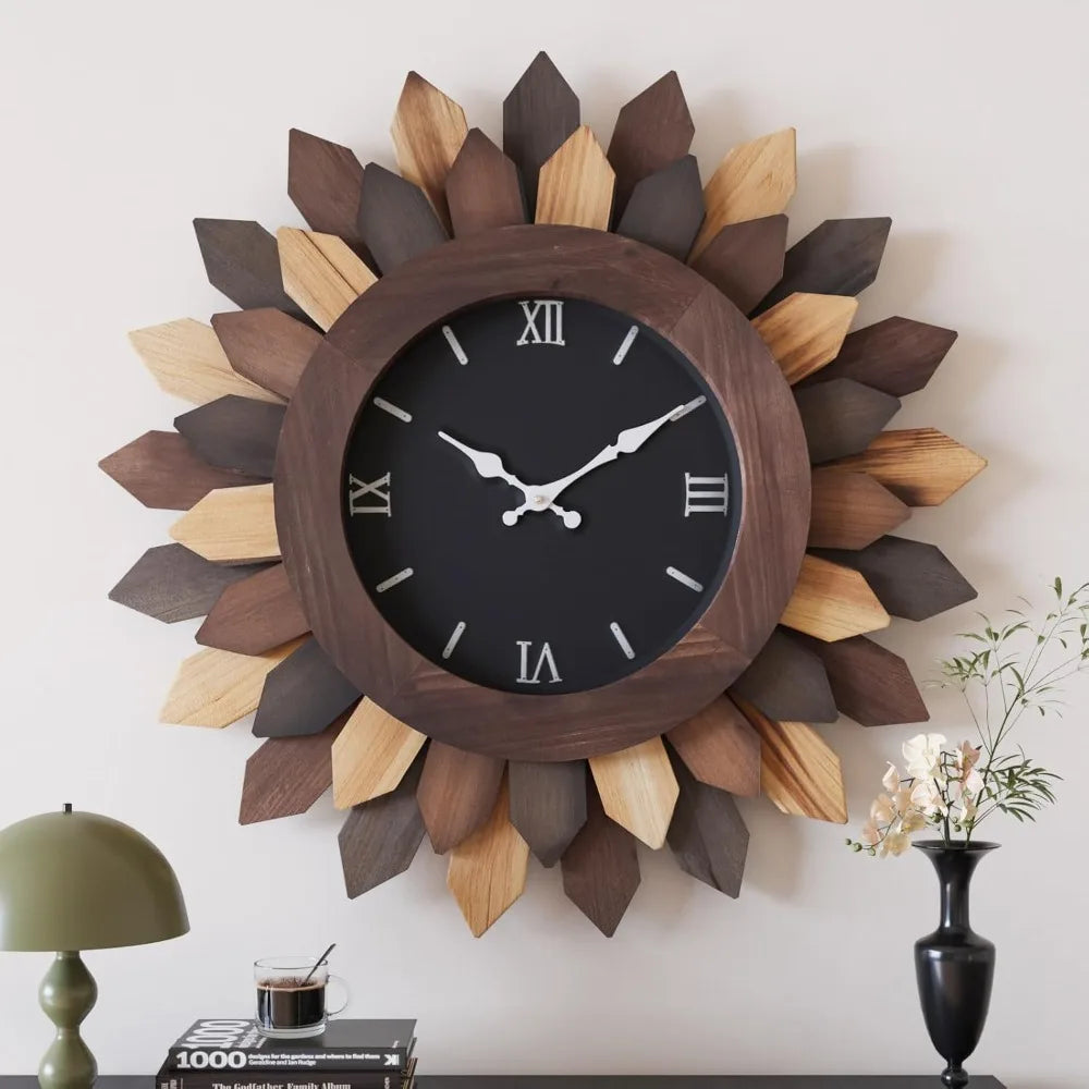 Circular Flower Sun Battery Powered Farmhouse Wood Wall Clock