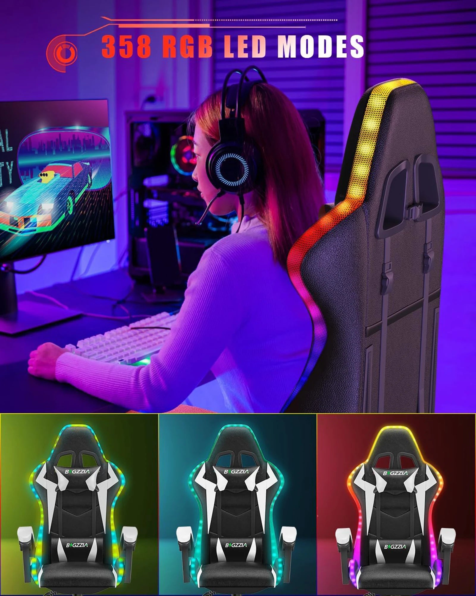 PU Leather Gaming LED Ergonomic Recliner Chair