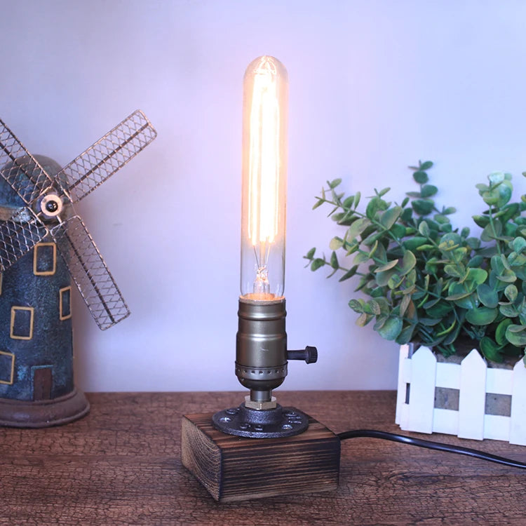 Industrial LED With Switch Wood Base Desk Lamp