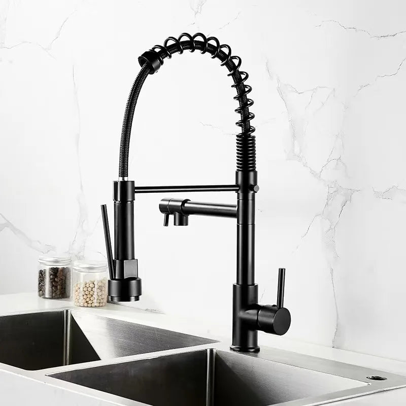 Dual Spout Handles Pull Down Deck Mounted Kitchen Sink Faucet