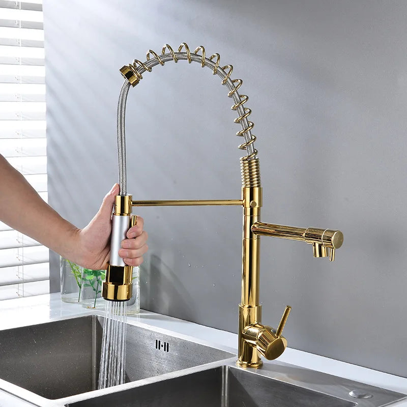Dual Spout Handles Pull Down Deck Mounted Kitchen Sink Faucet