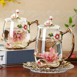 Enameled Glass Cup Decorated with Flowers and Tea Spoons