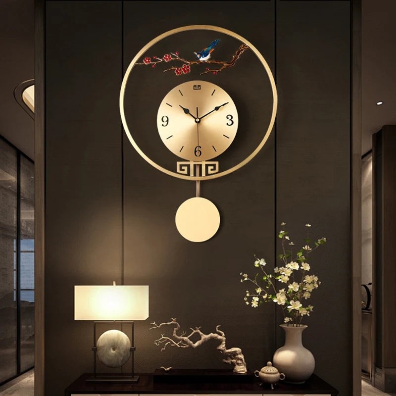 Wall Clock with Pendulum Golden Metal Bird Decoration