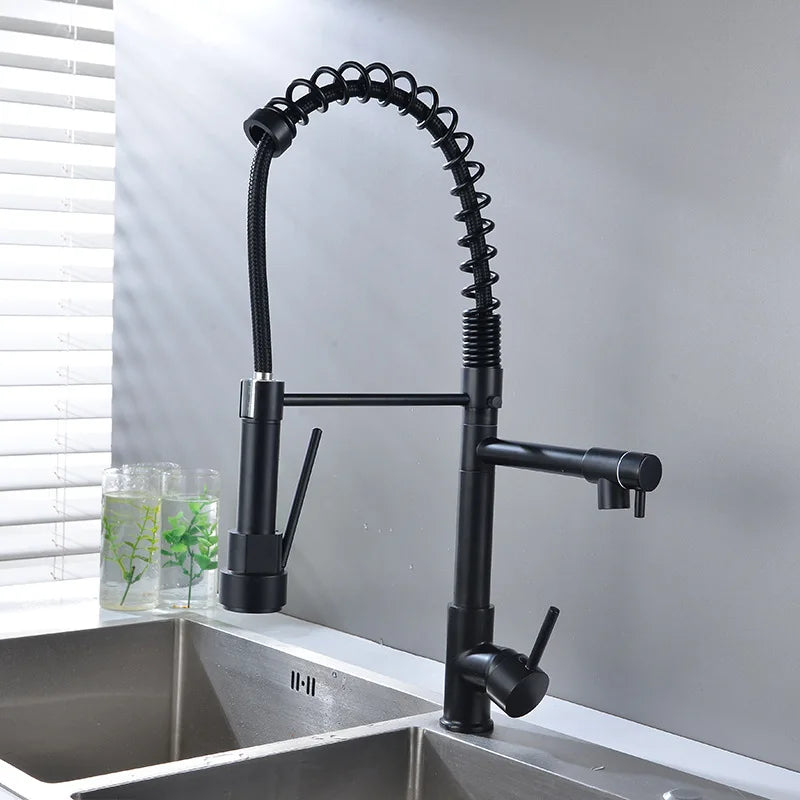 Dual Spout Handles Pull Down Deck Mounted Kitchen Sink Faucet