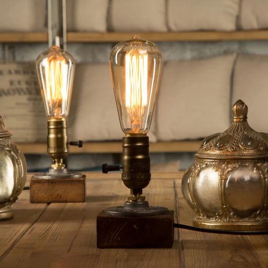 Industrial LED With Switch Wood Base Desk Lamp