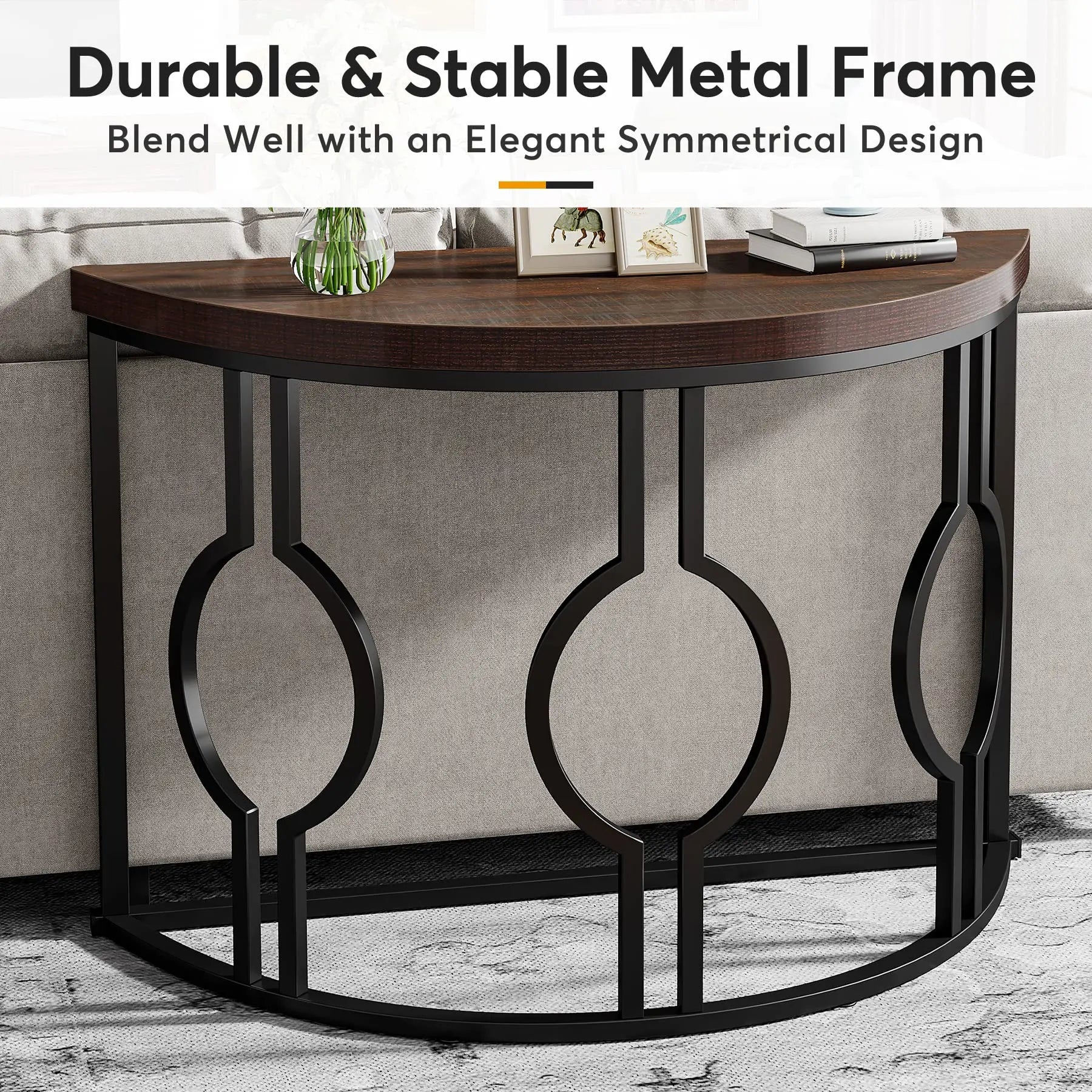 Geometric Base Half Moon Entryway Semi Circle Wood Table