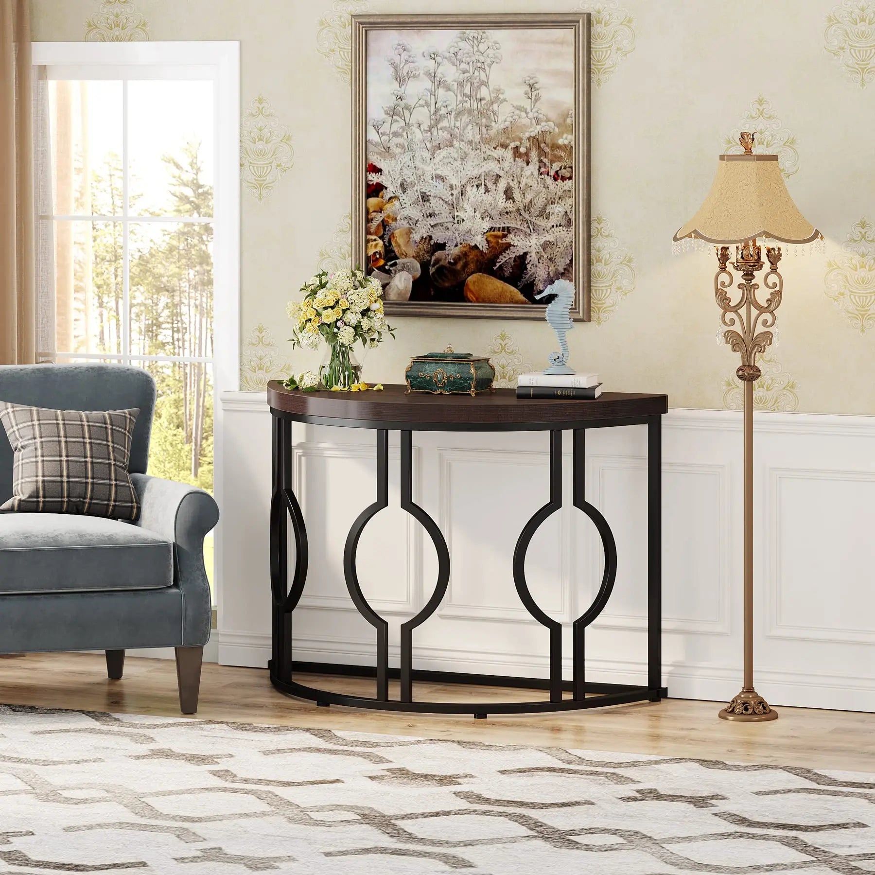Geometric Base Half Moon Entryway Semi Circle Wood Table