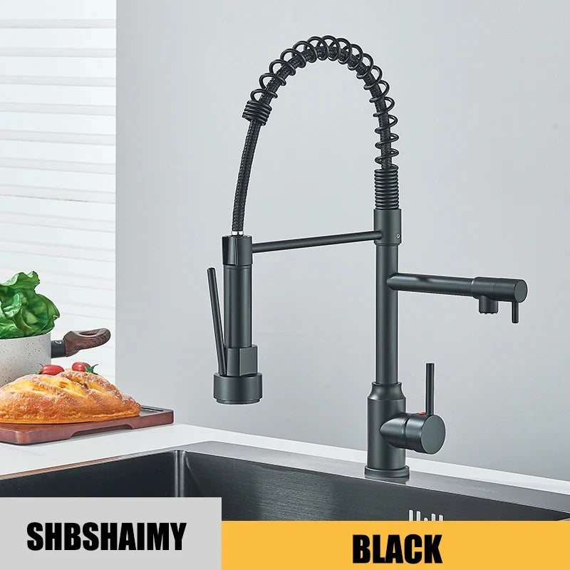 Kitchen Pull Down Dual Spout 360 Rotation Deck Mounted Faucet