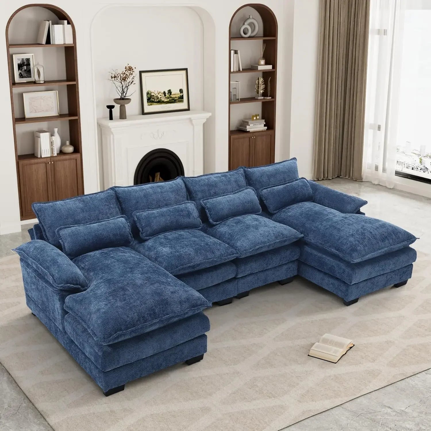 Chenille U Shape Modular Double Chaise Sectional Sofa