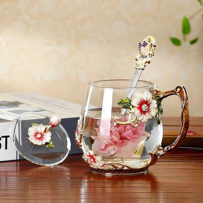 Enameled Glass Cup Decorated with Flowers and Tea Spoons