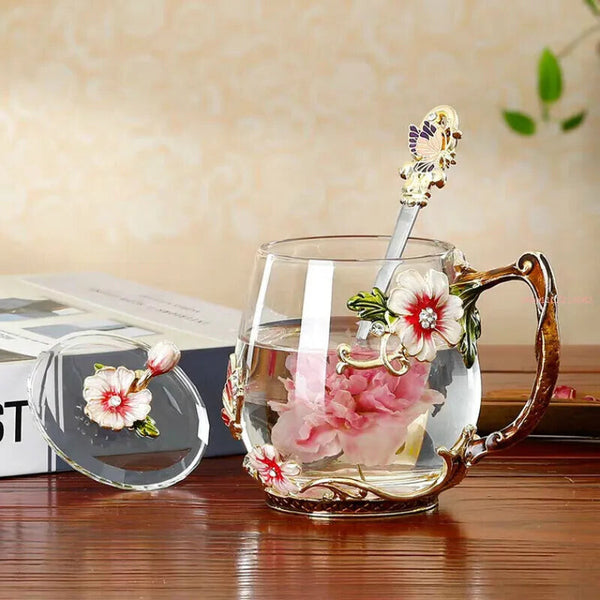 Enameled Glass Cup Decorated with Flowers and Tea Spoons