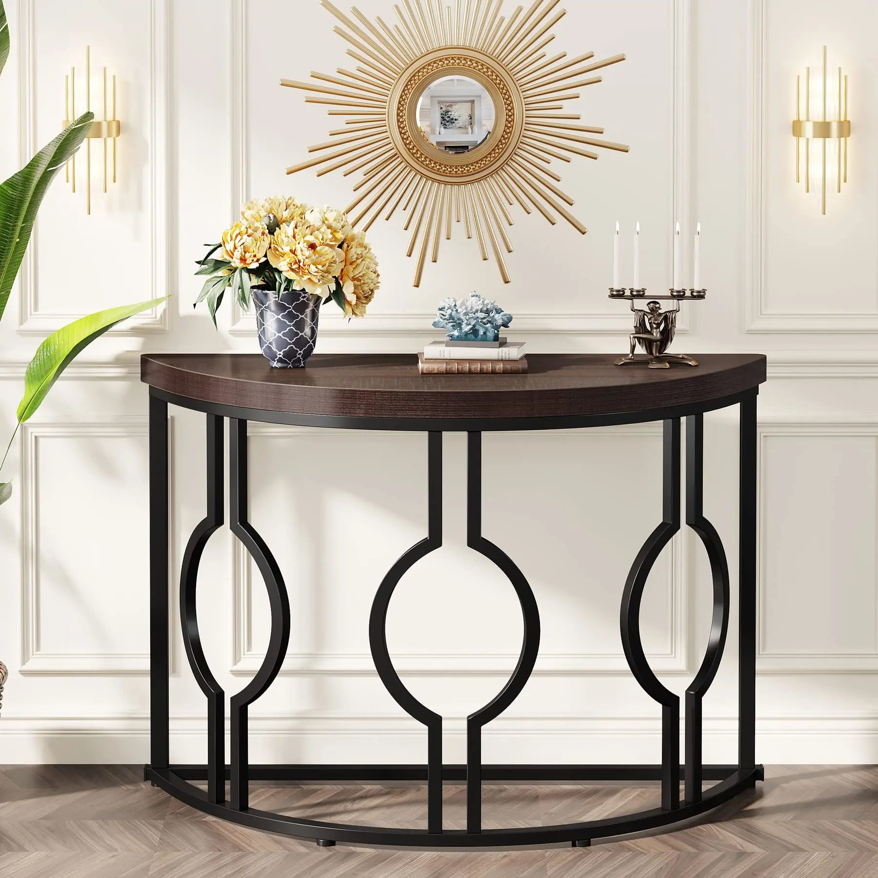 Geometric Base Half Moon Entryway Semi Circle Wood Table