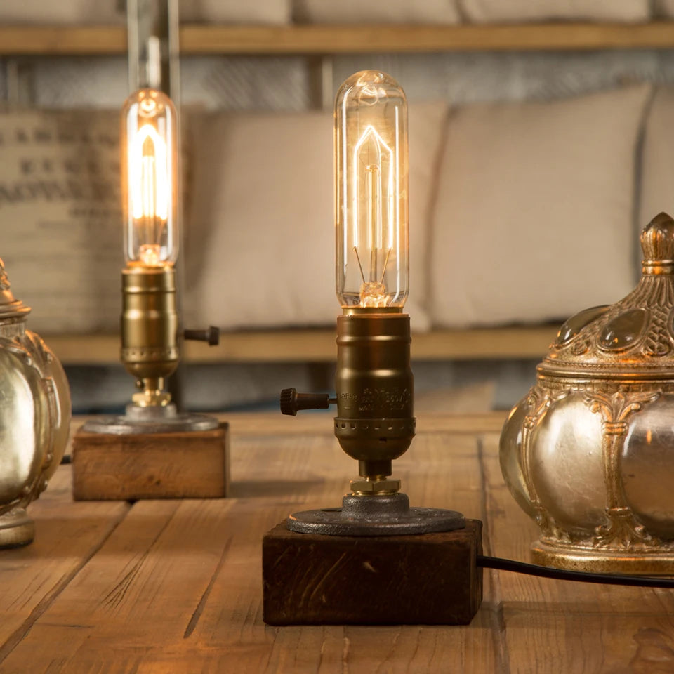 Industrial LED With Switch Wood Base Desk Lamp