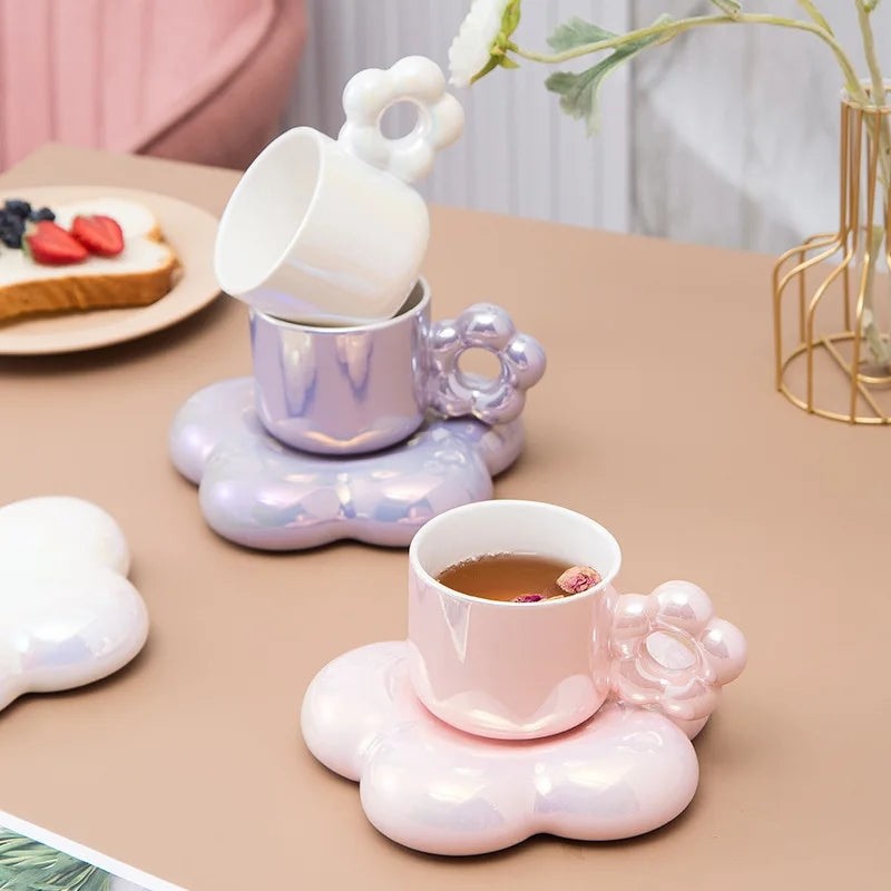 Cherry Blossom Shaped Ceramic Coffee Cup and Saucer Set