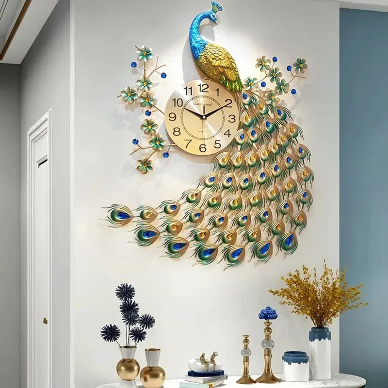 Gold Peacock Wall Clocks Luxury Movement Mechanism