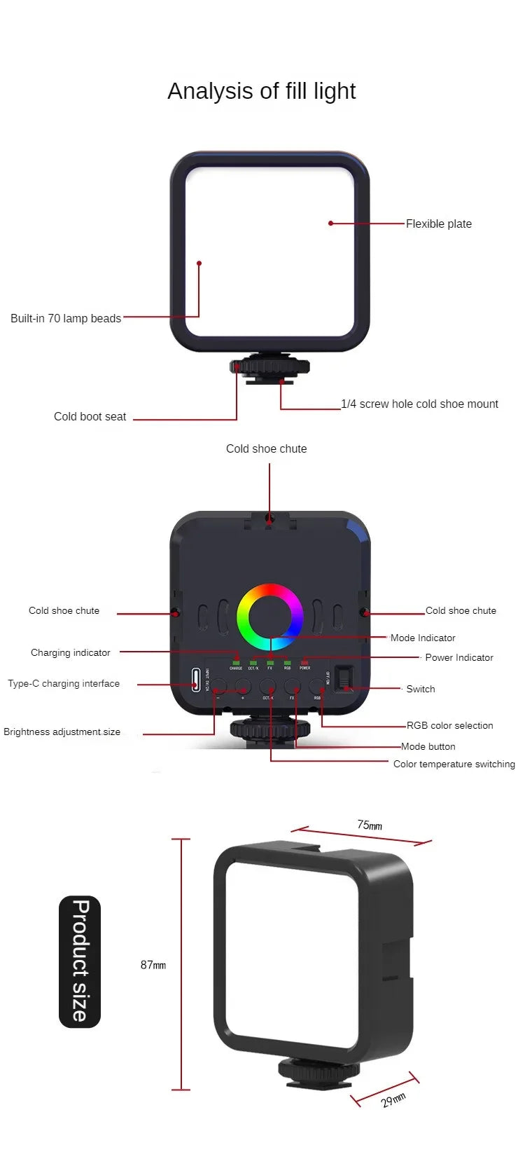 Portable Adjustable Mini Rgb Led Rechargeable Light