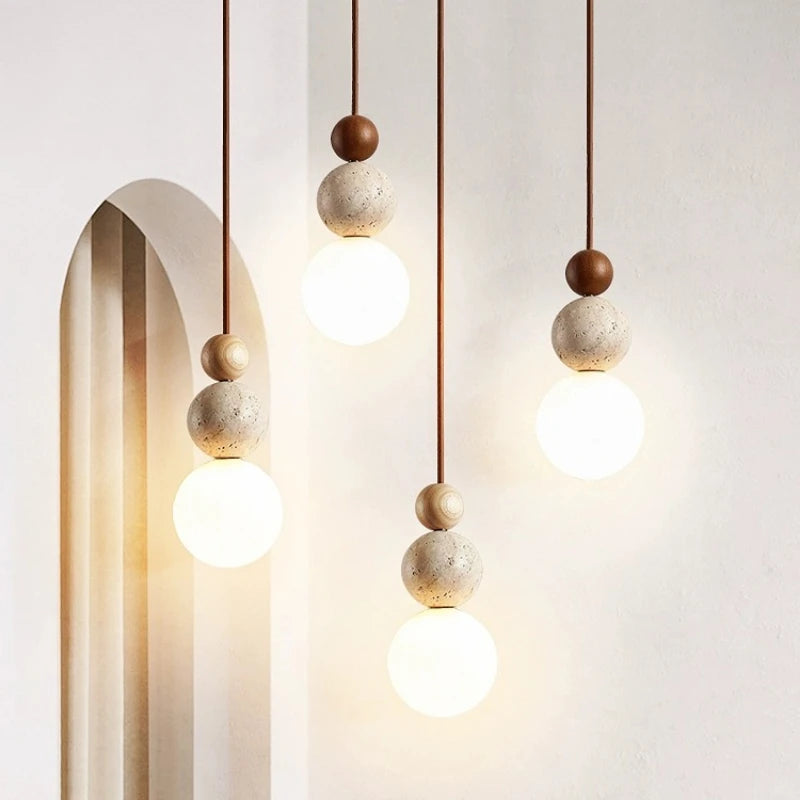 Bedside Led Chandelier Stone Wood Pendant Lamp