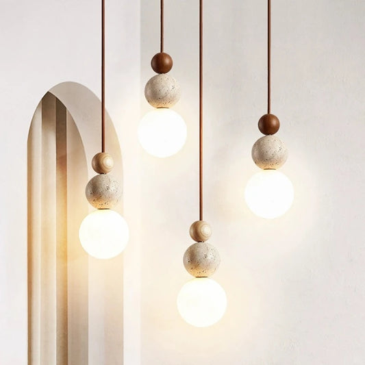 Bedside Led Chandelier Stone Wood Pendant Lamp