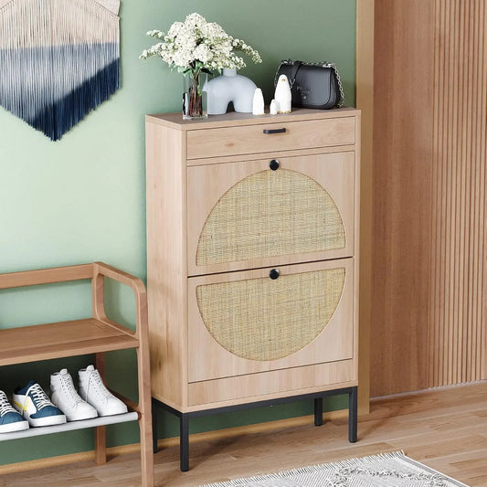 Storage Organizer 2 Rattan Doors Entryway Wood Shoe Rack