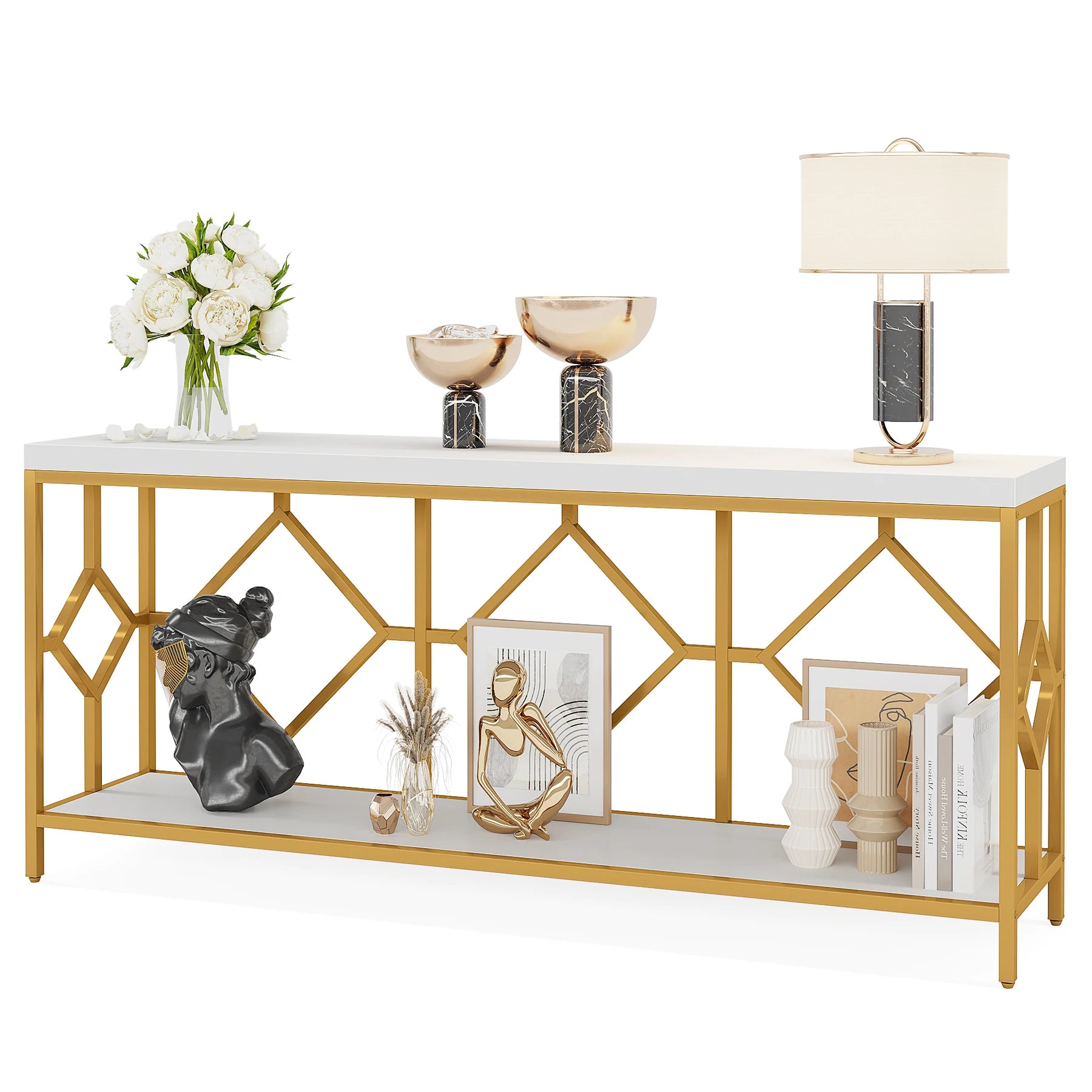 2 Tier Console Storage Open Shelves Behind Couch Table