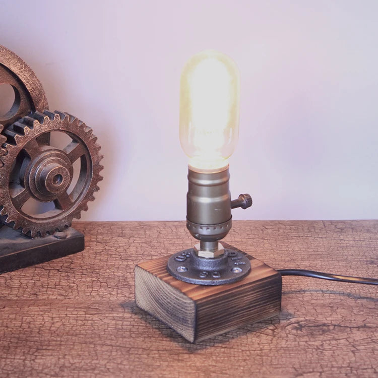 Industrial LED With Switch Wood Base Desk Lamp
