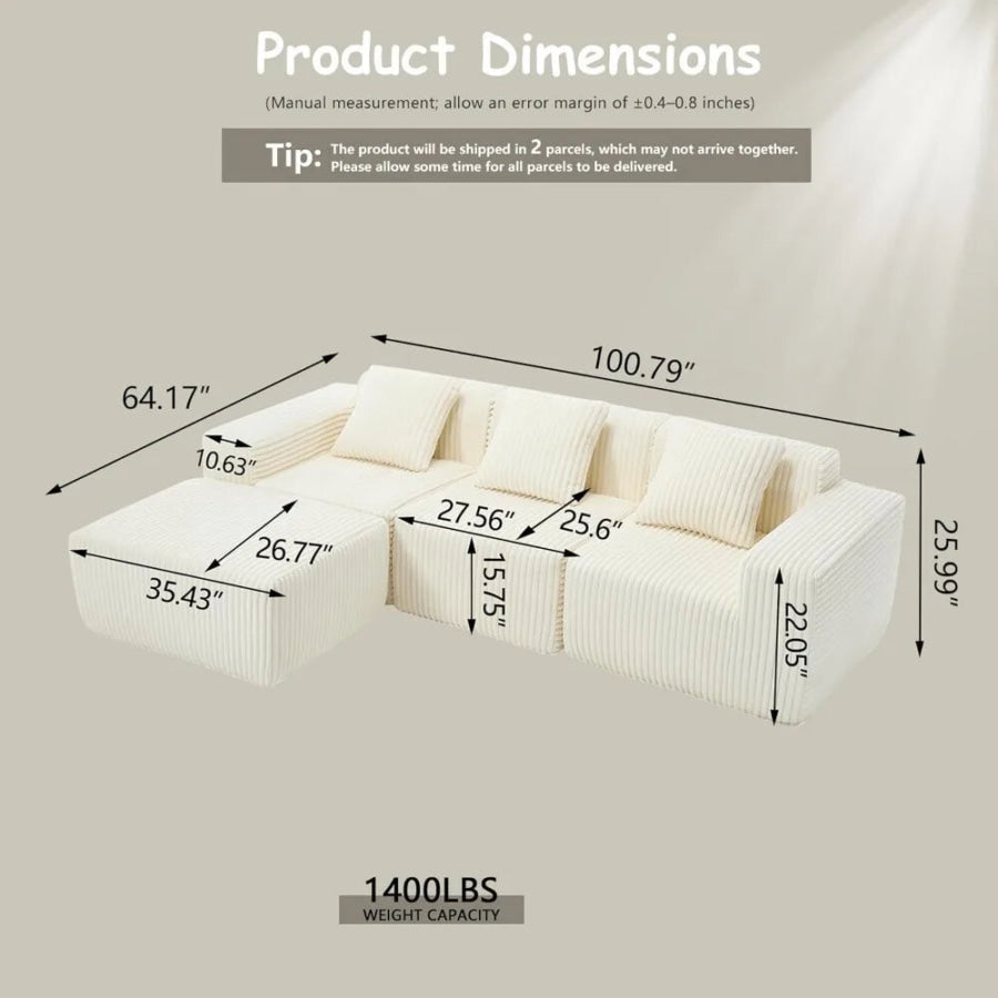 L-Shaped 4-Seater Corner Sofa, Deep Seat Design