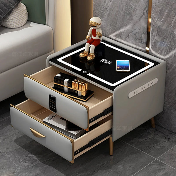 Modern LED Nightstand with Charger Drawers with Key