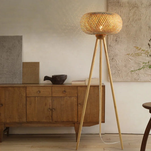 Handmade Bamboo Rattan Tripod Led Floor Lamps