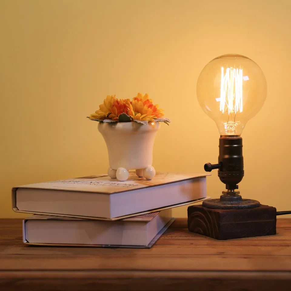 Industrial LED With Switch Wood Base Desk Lamp