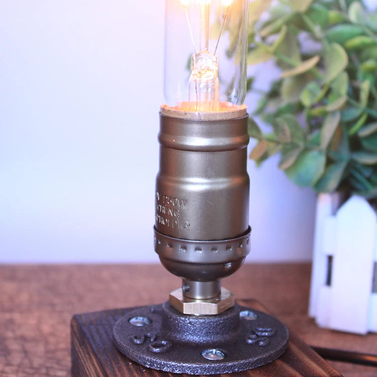 Industrial LED With Switch Wood Base Desk Lamp
