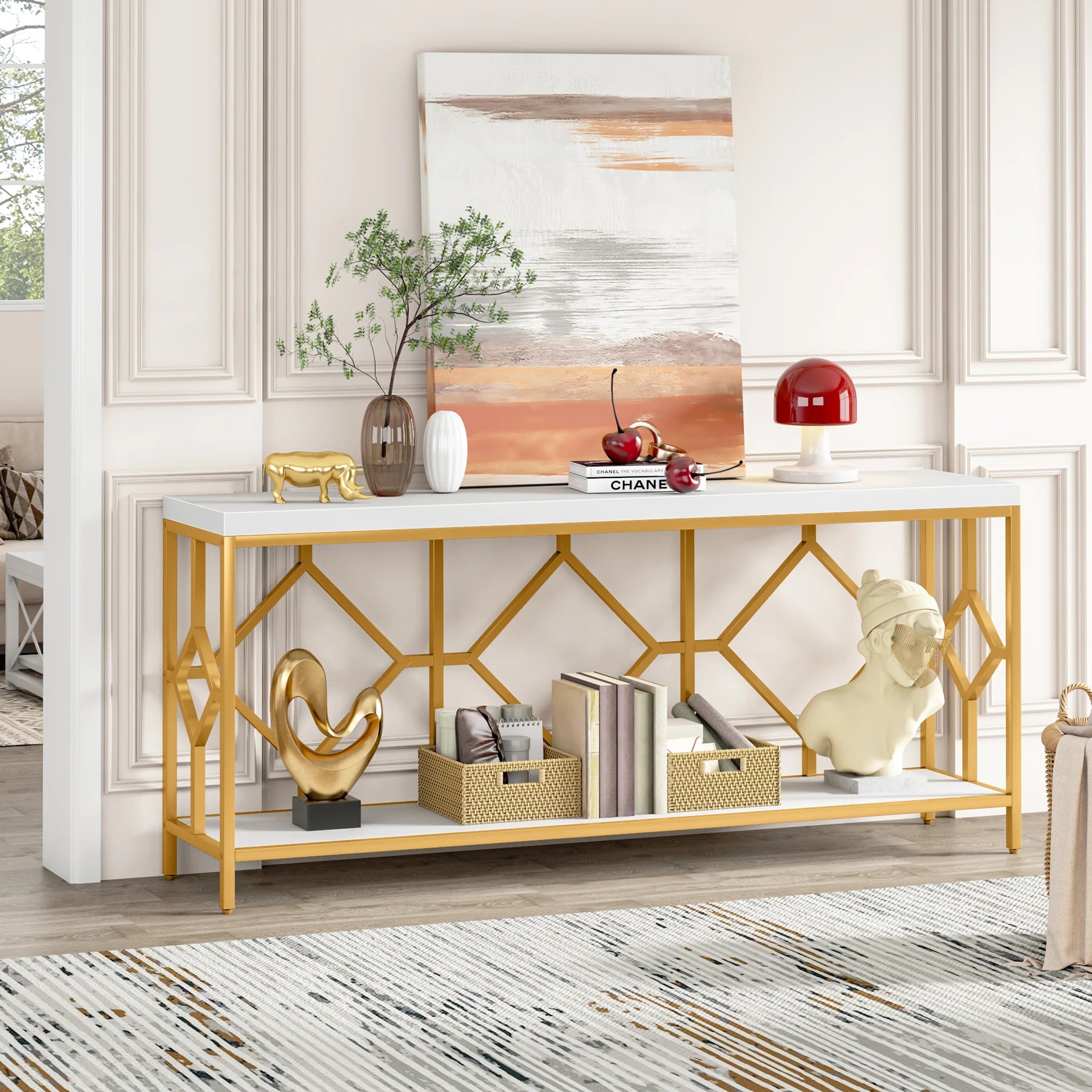 2 Tier Console Storage Open Shelves Behind Couch Table