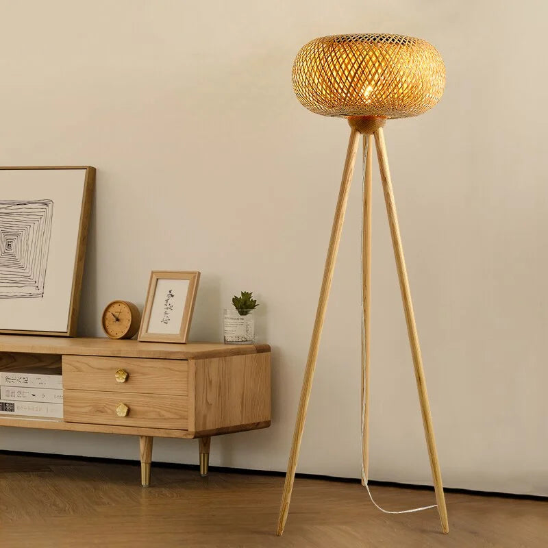 Handmade Bamboo Rattan Tripod Led Floor Lamps