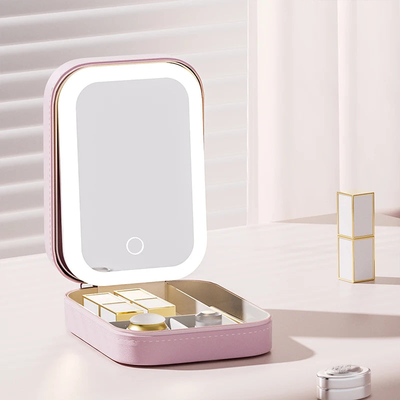 Portable Cosmetic Storage Box with Waterproof Lighted Mirror