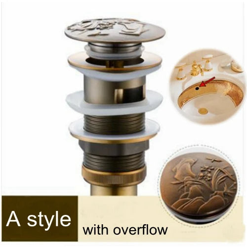 Round Carved Brass Pop-Up Drain for Vanity Sink with Overflow