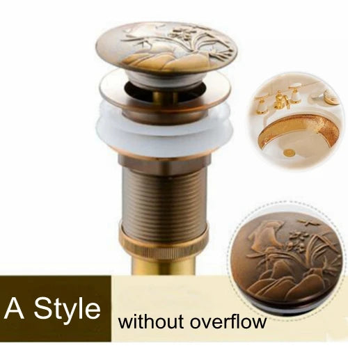 Round Carved Brass Pop-Up Drain for Vanity Sink with Overflow