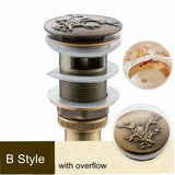 Round Carved Brass Pop-Up Drain for Vanity Sink with Overflow