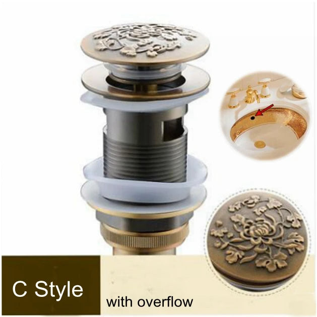 Round Carved Brass Pop-Up Drain for Vanity Sink with Overflow