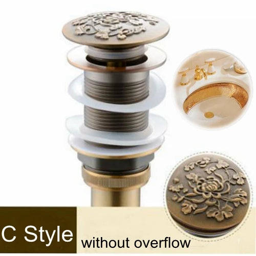 Round Carved Brass Pop-Up Drain for Vanity Sink with Overflow