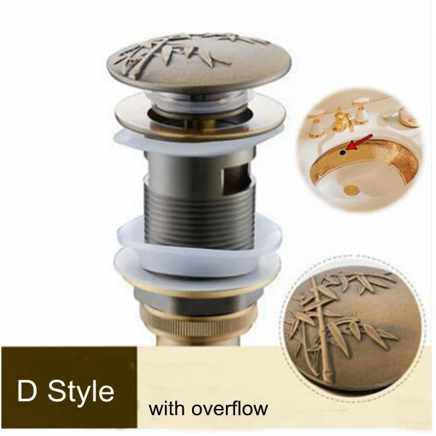 Round Carved Brass Pop-Up Drain for Vanity Sink with Overflow