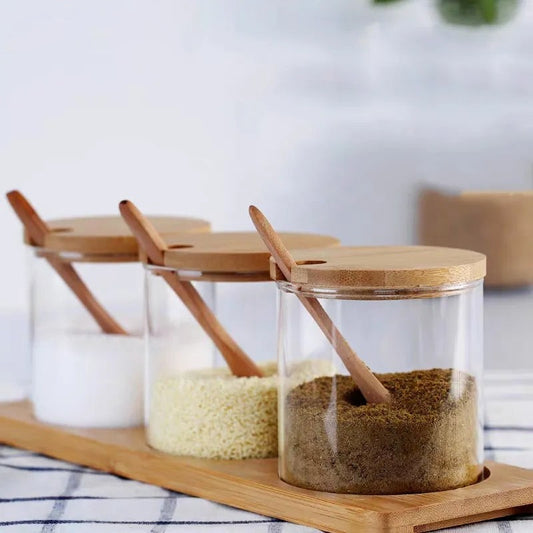 Glass Spice Storage Jar with Wooden Spoon