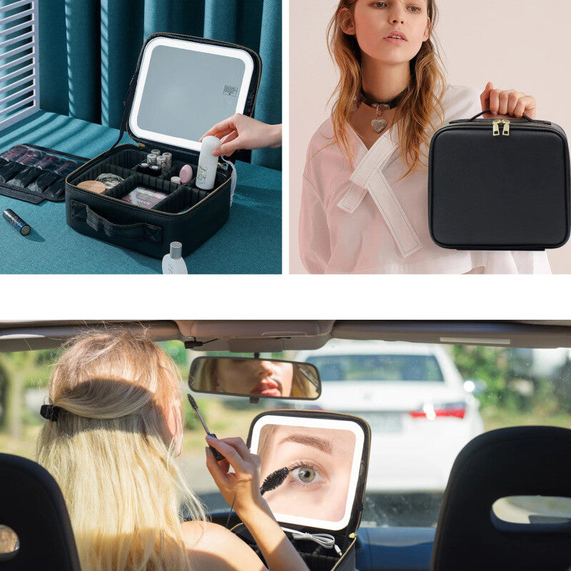 Makeup Bag With LED Mirror With Adjustable Divisions