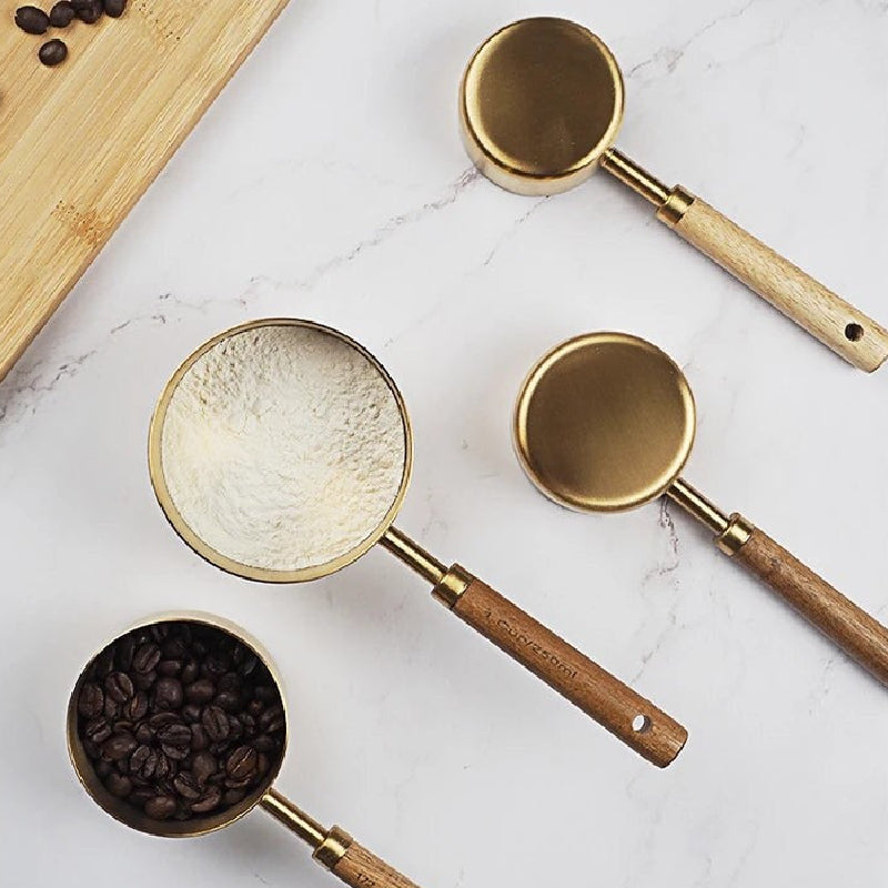 Stainless Steel Measuring Cups and Spoons with Wooden Handle