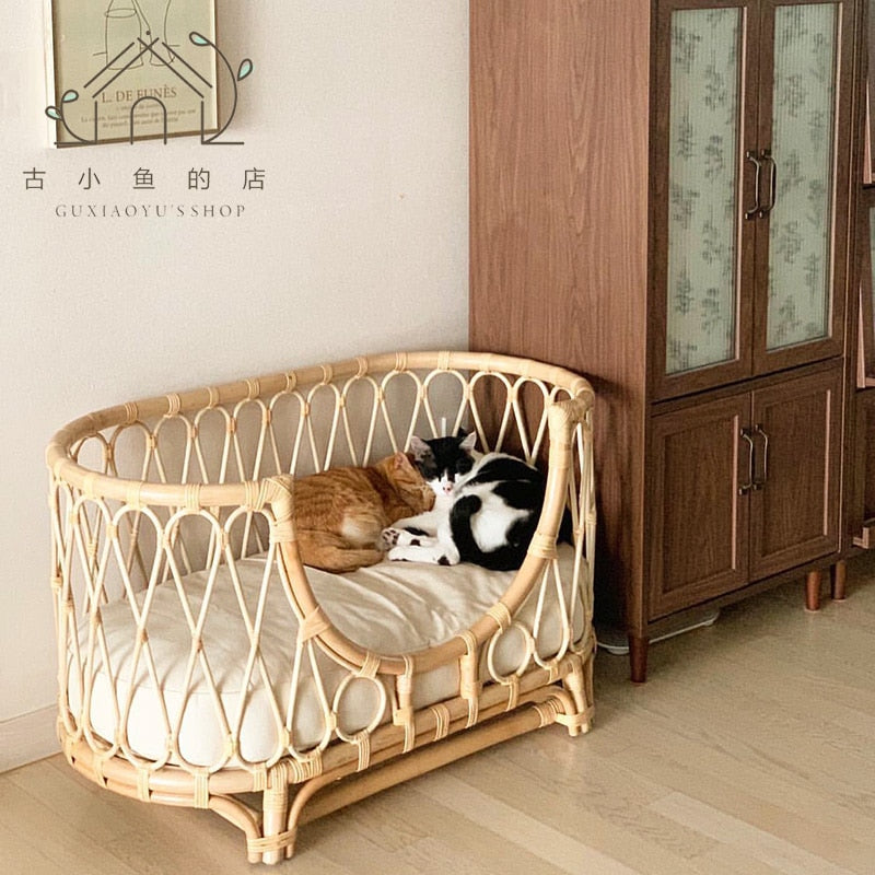 Hand-Woven Rattan Pet Sofa Bed