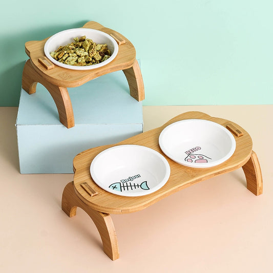 Ceramic Pet Feeder With Wooden Base