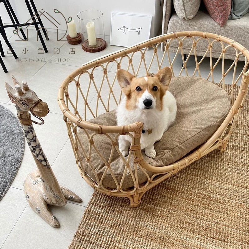 Hand-Woven Rattan Pet Sofa Bed