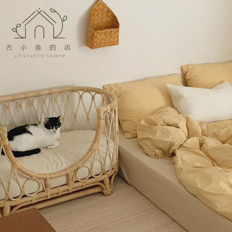 Hand-Woven Rattan Pet Sofa Bed