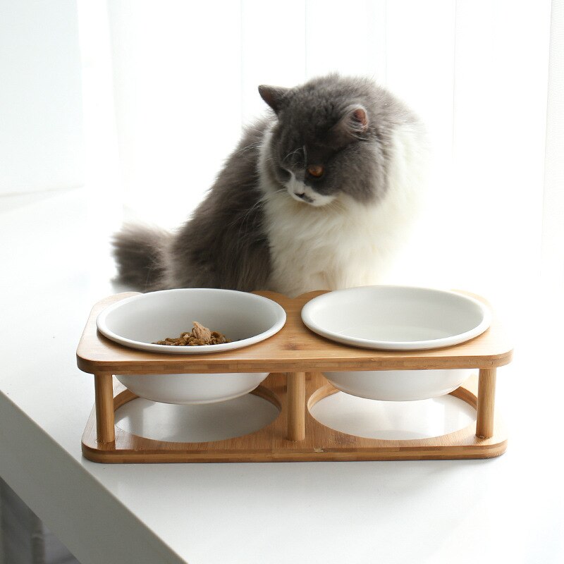 Pet Feeding Bowl With Wood Stand