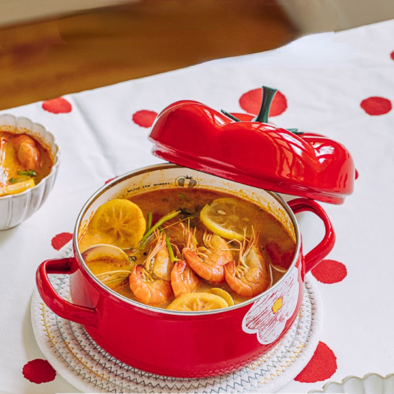 Tomato-shaped Cooking pot with thick enameled flower